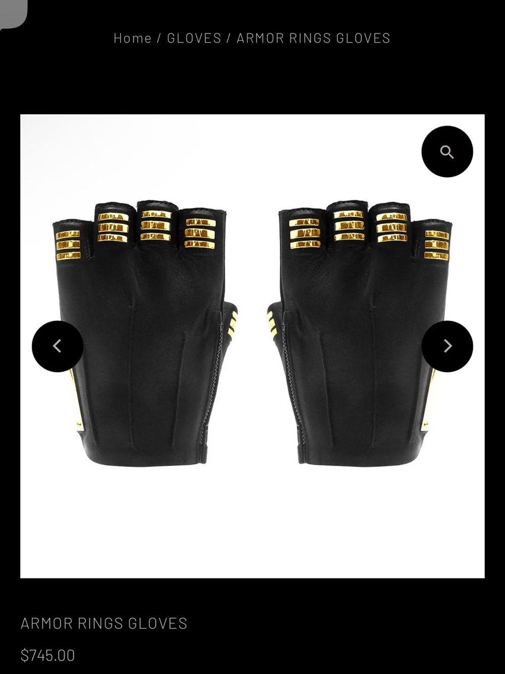 Majesty Black Armor Rings Fingerless Leather Gloves Gold Hardware Accents 7.5
